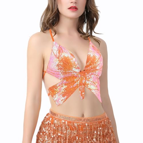 Mocure Womens Sparkly Butterfly Sequin Crop Tops Sexy Trendy Sleeveless Cute Butterfly Halter Tops Rave - Image 3