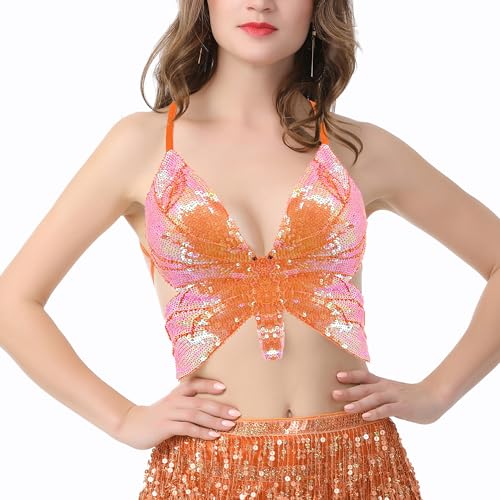 Mocure Womens Sparkly Butterfly Sequin Crop Tops Sexy Trendy Sleeveless Cute Butterfly Halter Tops Rave - Image 2