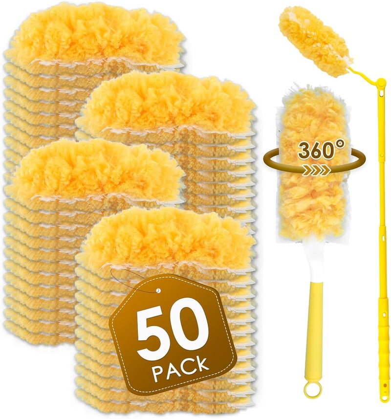 BRUVISH 50 Count Feather Duster Refills for Swiffer Dusters Handle, 360 Degree Multi-Surface Duster Refill Kit with 1 Extended Handle and 1 Short Handle, Disposable Dust Removal Brush Heads for Electronics - Image 1