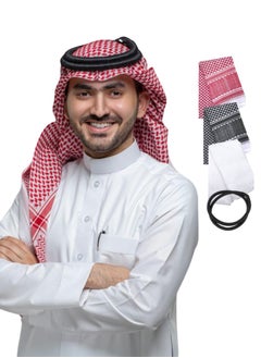 Generic 4-Piece Keffiyeh Set | Red & White, Black & White, Plain White Ghatra & Black Headband | Classic Middle Eastern Headwear for Ceremonies, Outdoor Activities & Daily Style | Keffiyeh (55x55 inches) with Headband (22 inches)  - Image 1