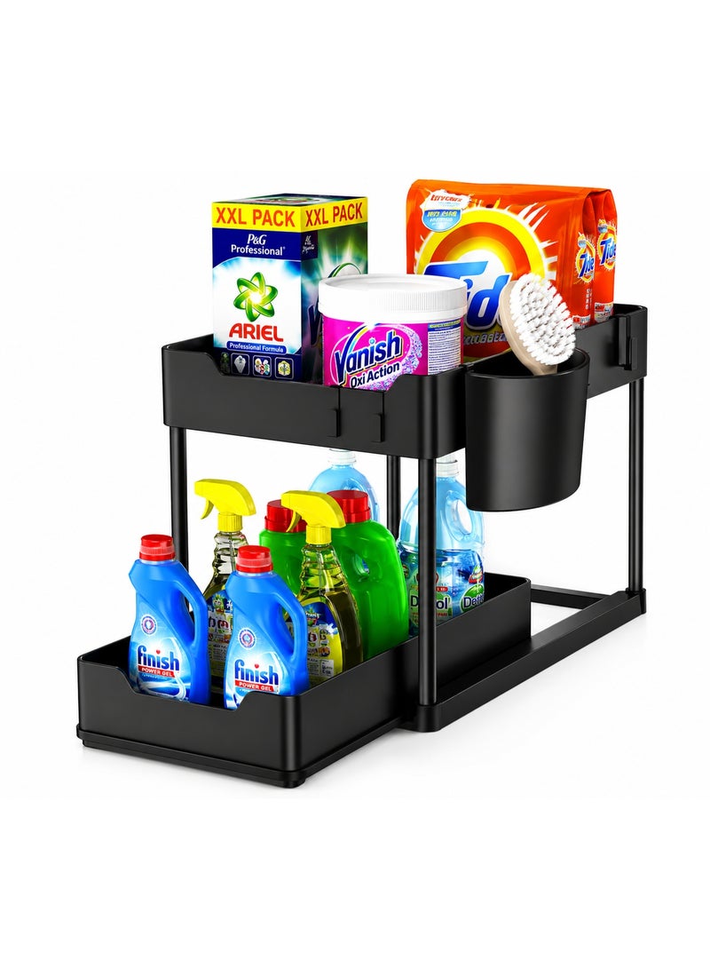 Ebazario 2 Tier Under Sink Organizer Rack – Multi Purpose Kitchen & Bathroom Storage Shelf, Metal Countertop Organizer with Side Cup Holder, Space Saving Cabinet Storage Rack – Black - Image 1
