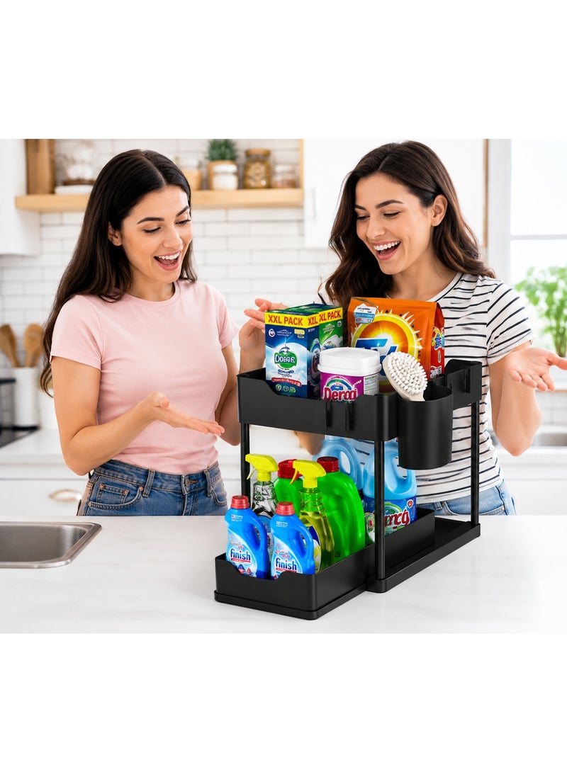 Ebazario 2 Tier Under Sink Organizer Rack – Multi Purpose Kitchen & Bathroom Storage Shelf, Metal Countertop Organizer with Side Cup Holder, Space Saving Cabinet Storage Rack – Black - Image 2