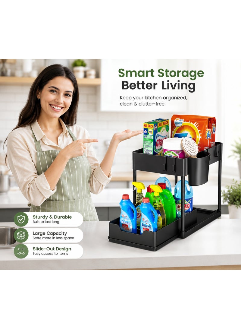 Ebazario 2 Tier Under Sink Organizer Rack – Multi Purpose Kitchen & Bathroom Storage Shelf, Metal Countertop Organizer with Side Cup Holder, Space Saving Cabinet Storage Rack – Black - Image 3