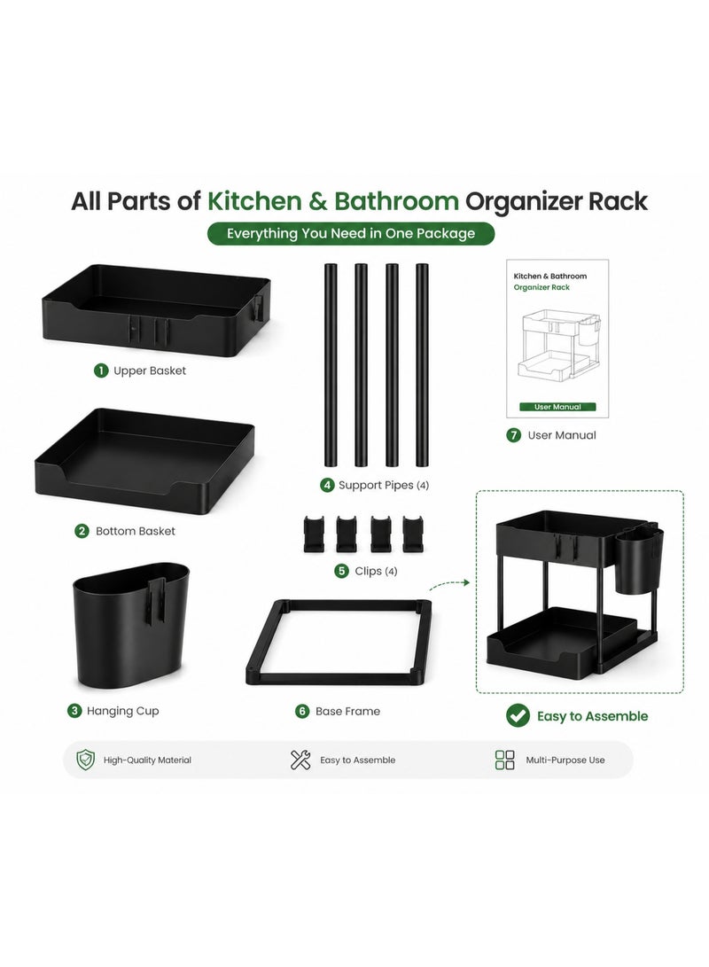 Ebazario 2 Tier Under Sink Organizer Rack – Multi Purpose Kitchen & Bathroom Storage Shelf, Metal Countertop Organizer with Side Cup Holder, Space Saving Cabinet Storage Rack – Black - Image 5