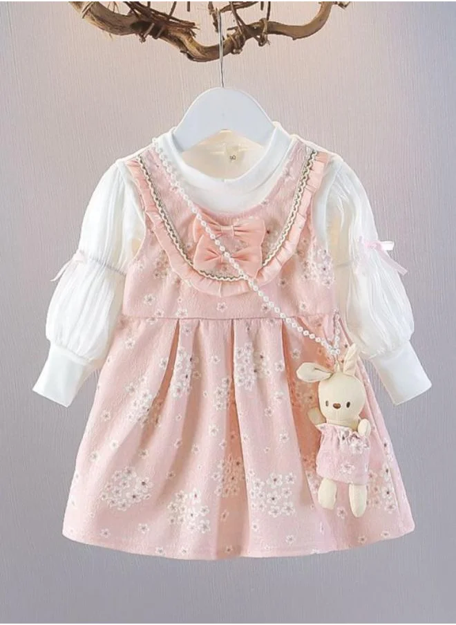YUNIQEE Peach Fit & Flare Crew Neck Floral Dress