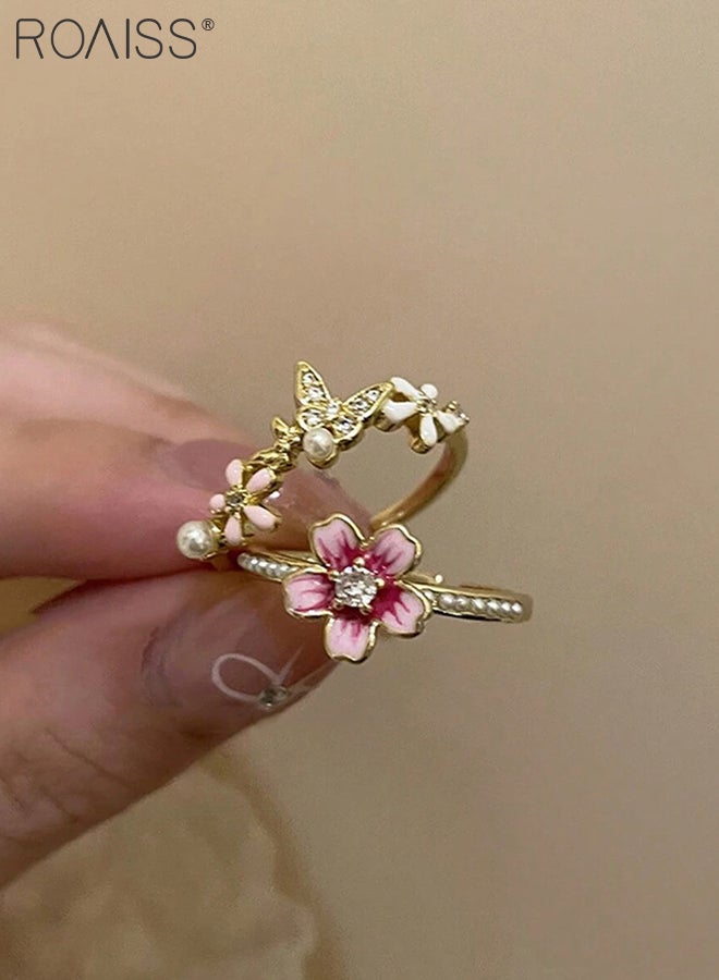 رويس مجموعة مجوهرات مكونة من 4 قطع من أقراط الزهور والخواتم، قطعتان من حلقات زهرة الكرز الوردي المفتوحة، قطعتان من أقراط الزهور المتقطرة مع اللؤلؤ الأبيض، مناسبة للحفلات وحفلات الزفاف والارتداء اليومي - Image 4