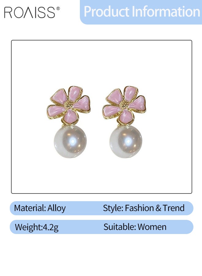 رويس مجموعة مجوهرات مكونة من 4 قطع من أقراط الزهور والخواتم، قطعتان من حلقات زهرة الكرز الوردي المفتوحة، قطعتان من أقراط الزهور المتقطرة مع اللؤلؤ الأبيض، مناسبة للحفلات وحفلات الزفاف والارتداء اليومي - Image 2