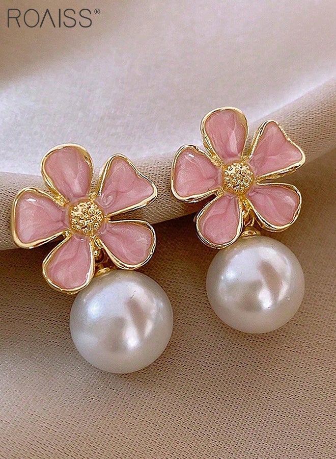 رويس مجموعة مجوهرات مكونة من 4 قطع من أقراط الزهور والخواتم، قطعتان من حلقات زهرة الكرز الوردي المفتوحة، قطعتان من أقراط الزهور المتقطرة مع اللؤلؤ الأبيض، مناسبة للحفلات وحفلات الزفاف والارتداء اليومي - Image 5