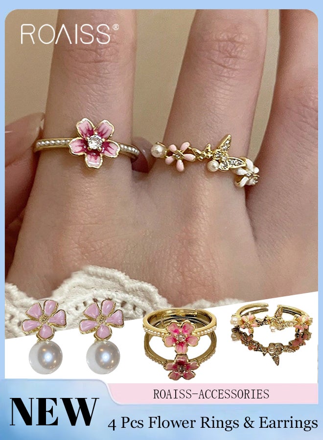 رويس مجموعة مجوهرات مكونة من 4 قطع من أقراط الزهور والخواتم، قطعتان من حلقات زهرة الكرز الوردي المفتوحة، قطعتان من أقراط الزهور المتقطرة مع اللؤلؤ الأبيض، مناسبة للحفلات وحفلات الزفاف والارتداء اليومي - Image 1