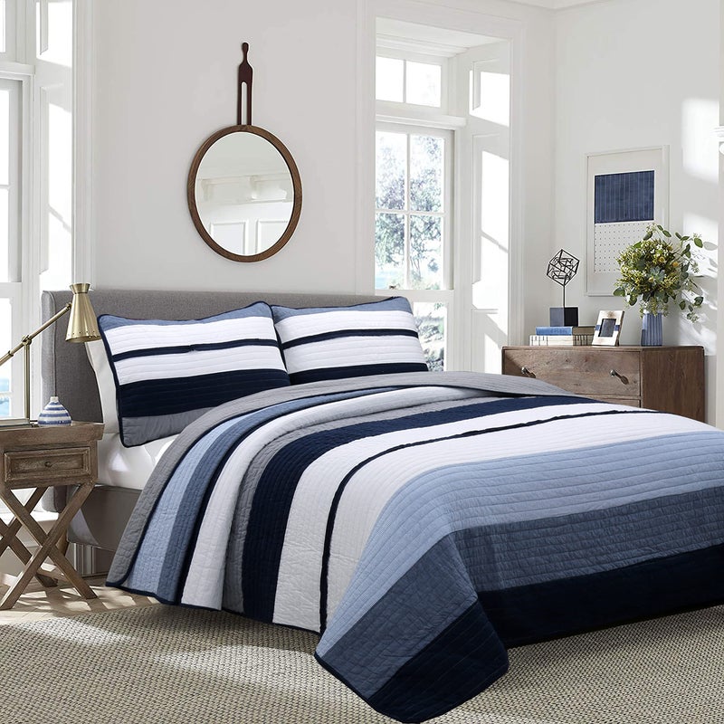 Cozy Line Home Fashions Cozy Line Home Fashions Tranquil Blue Gray Striped Boy 100 Cotton Reversible Quilt Bedding Set AllSeason Coverlet Bedspread Rendon Queen  3 Piece 