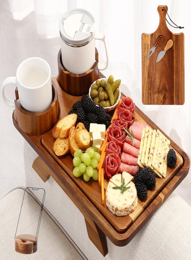 Acanacle 4-in-1 Acacia Couch Arm Table with Removable Cheese Board, Stability-Enhanced Sofa Armrest Tray with 360° Rotating Dual Cup Holders & Phone Stand, Side Table for Drinks & Snacks, 15.7"x9.8" - Image 1