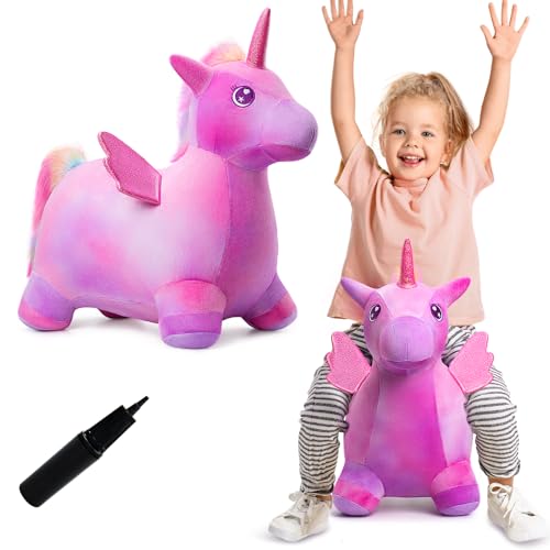 VangeBow Unicorn Bouncy Horse Toys for 1 2 3 4 5 Year Old Girl Gift Plush Unicorn Ride On Bouncy Animal for Toddlers 13 Indoor Outdoor Inflatable Hopping Toys for Girl Birthday Gift Pump Included - Image 1