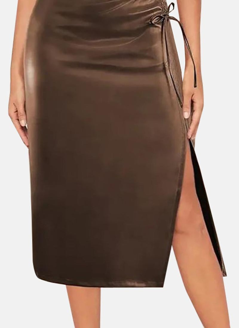 يونيكي Brown Midi Skirts With Slit - Image 3