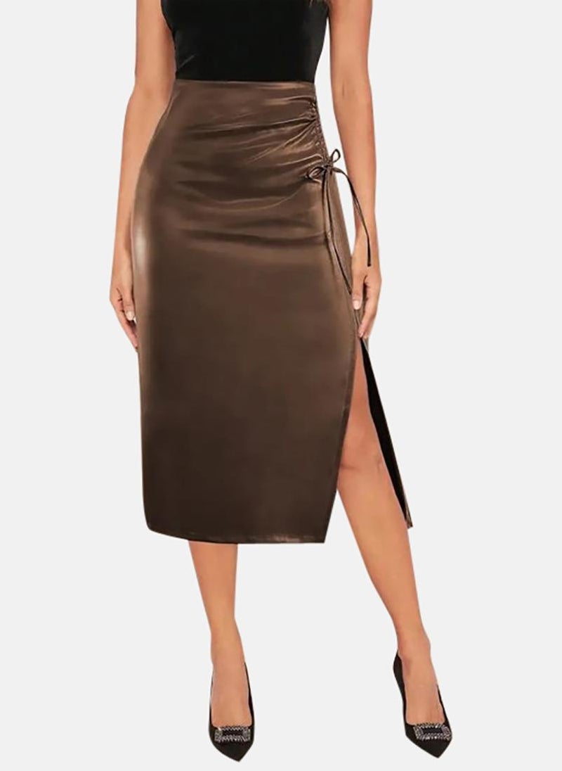 يونيكي Brown Midi Skirts With Slit - Image 1
