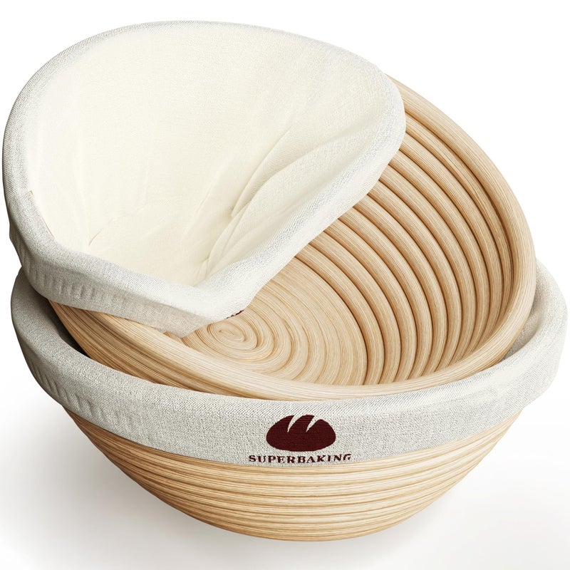 Superbaking 2 pcs Banneton Bread Proofing Basket, 9" Splinter-Free Round Rattan Bread Basket with Liners, Sourdough Starter Kit, Sourdough Bread Baking Supplies & Sourdough Kit, Bread Making Tools - Image 1