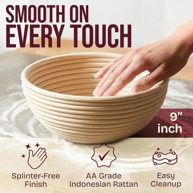 Superbaking 2 pcs Banneton Bread Proofing Basket, 9" Splinter-Free Round Rattan Bread Basket with Liners, Sourdough Starter Kit, Sourdough Bread Baking Supplies & Sourdough Kit, Bread Making Tools - Image 3