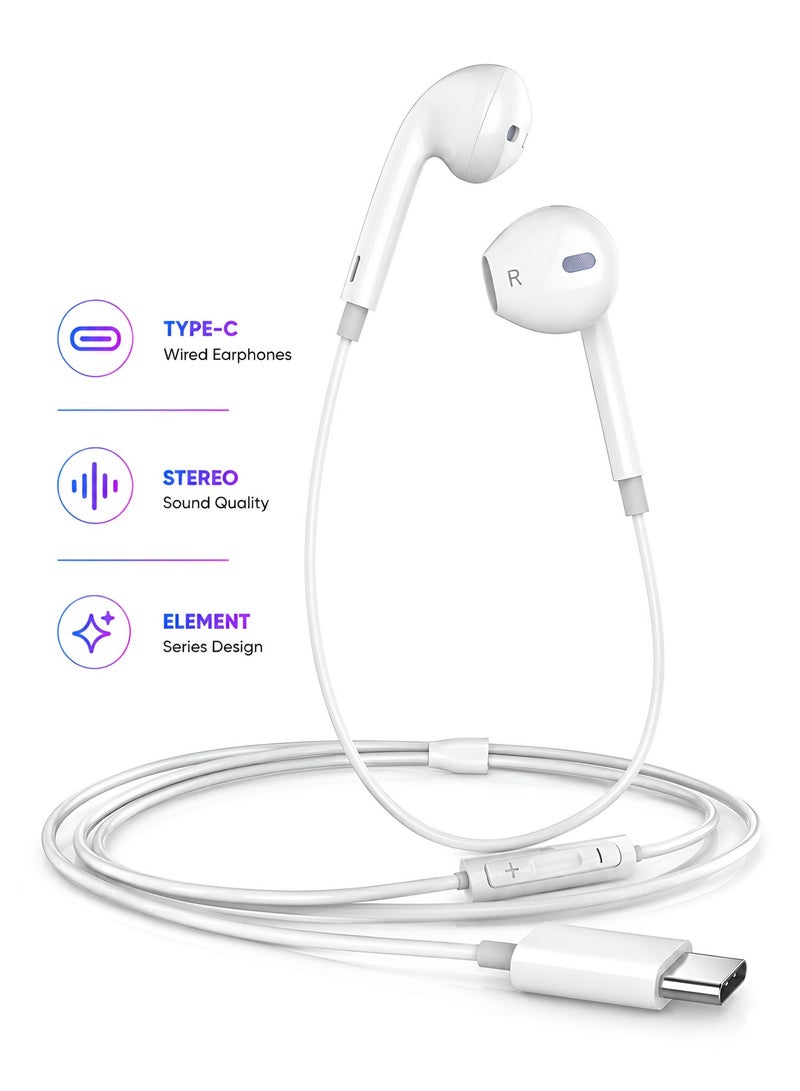 Mcdodo Type-C Wired Earphones Element Series with Mic – USB-C Stereo Headphones for Android Phone, Tablet, Laptop – White (HP-6071) - Image 1