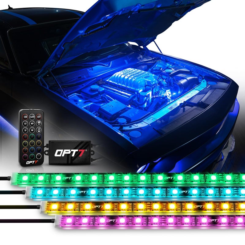 OPT7 Aura Engine Bay RGB Light Kit with Remote Control 4 pc 24 Waterproof Underhood LED Strips Multi Color Mode Exterior Neon Accent Glow Lights for Truck F150 Tacoma Tundra 4Runner Dodge Durango