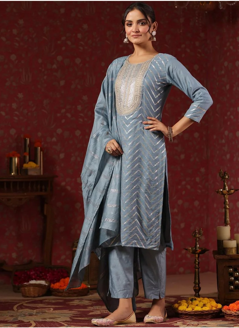 آي شين Women's Grey Polyester Blend Embellished Tunic Full Length Casual Straight Fit Kurta Set