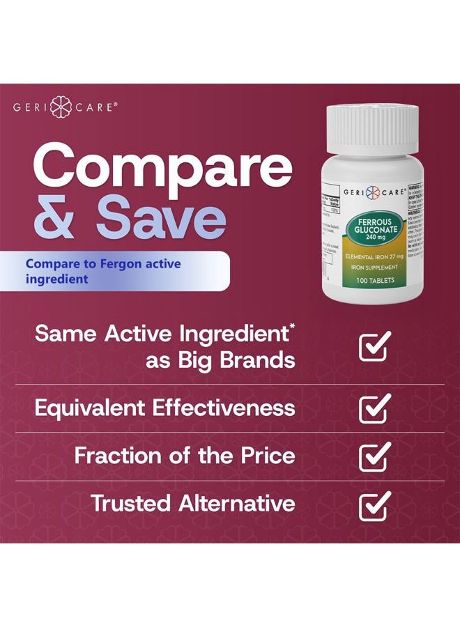 Gericare Iron 27mg Ferrous Gluconate 240mg Bottle of 100 Count (Pack of 1) - Image 2