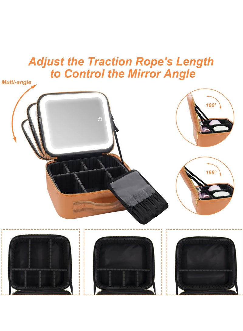 Loquat Makeup Bag with Mirror of LED Lighted and Detachable 10x Magnifying Mirror, Cosmetic Bag Organizer with Adjustable Dividers 26*23*10.8CM (Brown) - Image 4