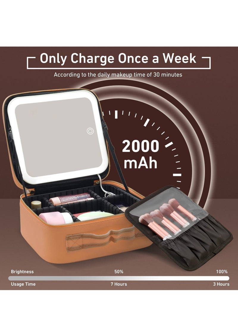 Loquat Makeup Bag with Mirror of LED Lighted and Detachable 10x Magnifying Mirror, Cosmetic Bag Organizer with Adjustable Dividers 26*23*10.8CM (Brown) - Image 5