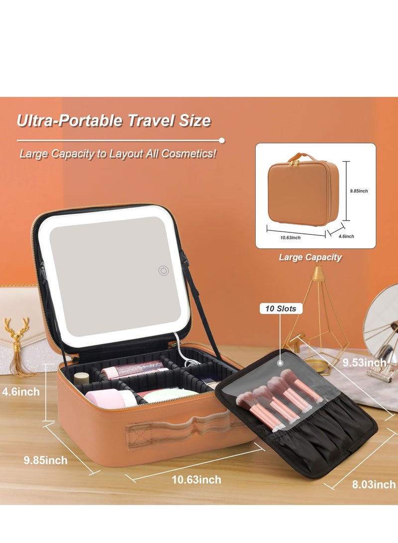 Loquat Makeup Bag with Mirror of LED Lighted and Detachable 10x Magnifying Mirror, Cosmetic Bag Organizer with Adjustable Dividers 26*23*10.8CM (Brown) - Image 2