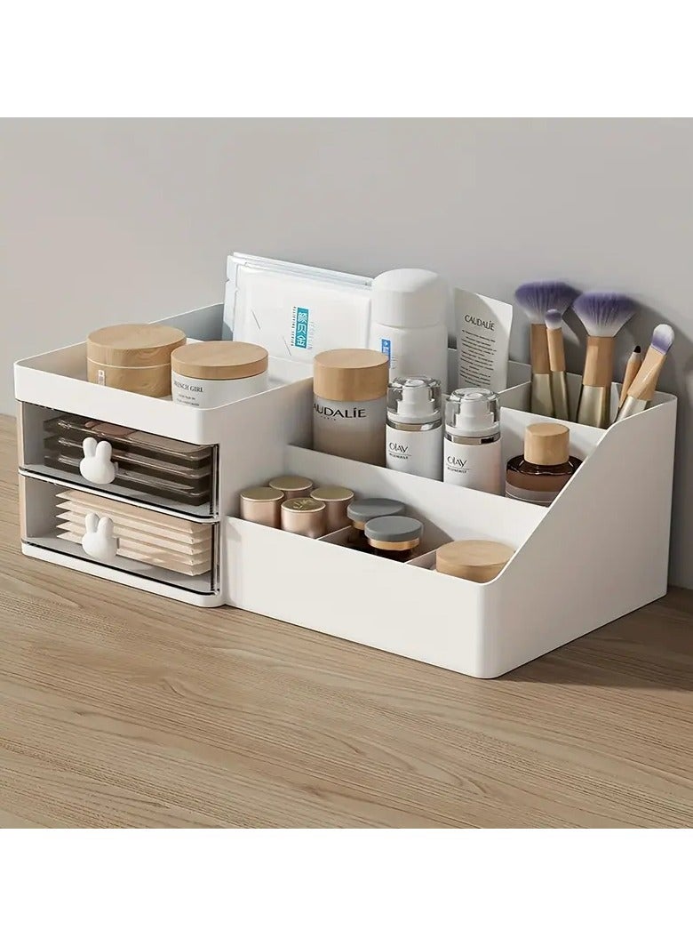 ORiTi منظم مكياج مع درجين، منظم كبير السعة للطاولة للحمام وغرفة النوم، منظم مستحضرات تجميل للعناية بالبشرة، فرش ظلال العيون، أحمر الشفاه، طلاء الأظافر - أبيض - Image 5
