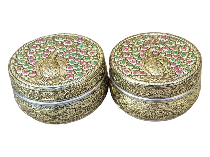 CRAFTS WORLD Handicraft Peacock Design Stainless Steel Dabba Container Meenakari Rajwadi Decorative Oxidized Chapati Storage Box for Serving Dryfruit Chocolate And MukwasMarriage Gift Pack Of 2 - Image 1