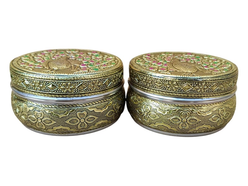 CRAFTS WORLD Handicraft Peacock Design Stainless Steel Dabba Container Meenakari Rajwadi Decorative Oxidized Chapati Storage Box for Serving Dryfruit Chocolate And MukwasMarriage Gift Pack Of 2 - Image 3