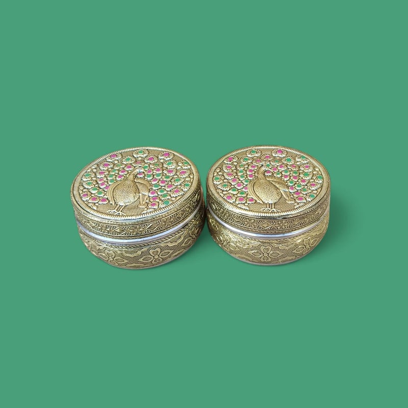 CRAFTS WORLD Handicraft Peacock Design Stainless Steel Dabba Container Meenakari Rajwadi Decorative Oxidized Chapati Storage Box for Serving Dryfruit Chocolate And MukwasMarriage Gift Pack Of 2 - Image 2