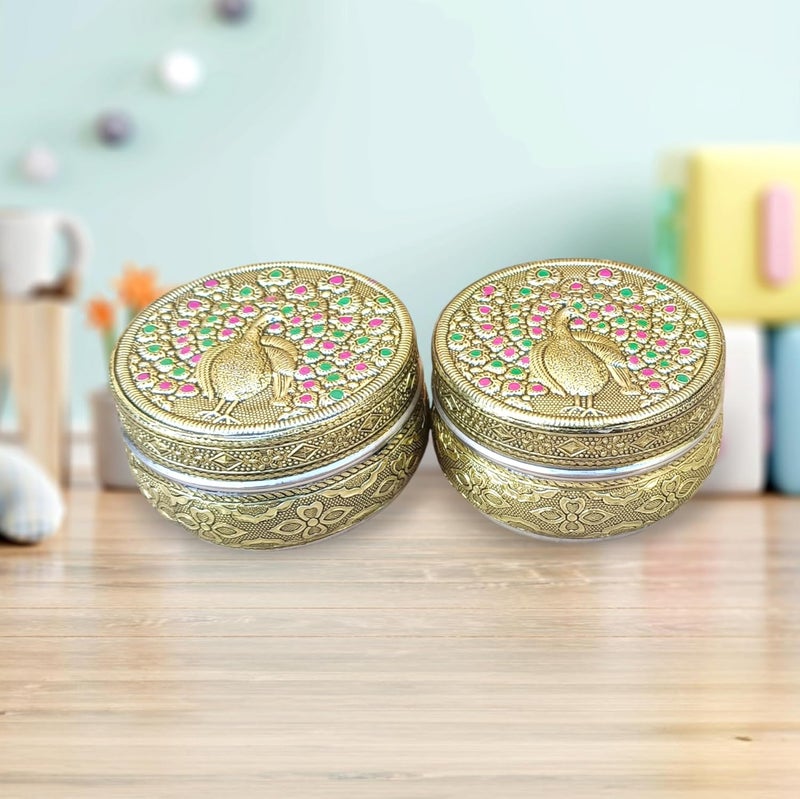 CRAFTS WORLD Handicraft Peacock Design Stainless Steel Dabba Container Meenakari Rajwadi Decorative Oxidized Chapati Storage Box for Serving Dryfruit Chocolate And MukwasMarriage Gift Pack Of 2 - Image 4