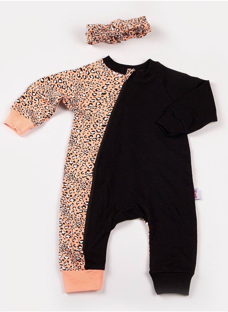 BABYCARA - Wild Comfy 100 percent Turkish Cotton Leopard and Black Jumpsuit with Headband for 3 to 12 Months - Image 1