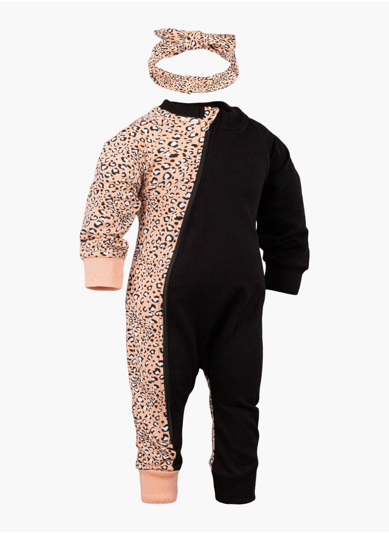 BABYCARA - Wild Comfy 100 percent Turkish Cotton Leopard and Black Jumpsuit with Headband for 3 to 12 Months - Image 1
