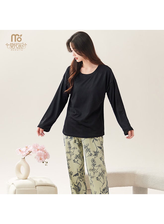 Modaier Women's Pajamas With Built-in Chest Pads, Spring And Autumn New Chinese-style Long-sleeve Pants, Casual Loose-fitting Loungewear Set Suitable For Outdoor Wear