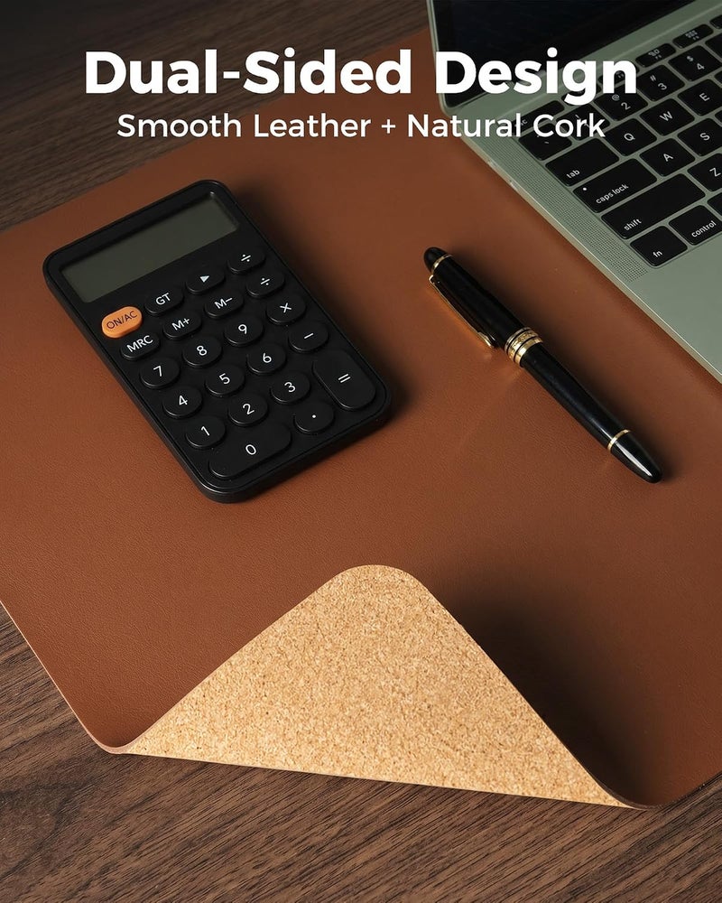 Aothia Double-Sided Desk Pad, Leather Desk Mat, Eco Cork Desk Pad Protector, Large Mouse Pad, Waterproof Desk Blotter Protector for Office/Home (25.6"x13.7", Brown) - Image 2