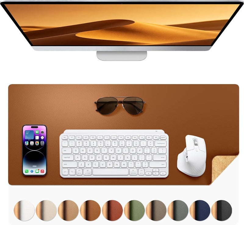 Aothia Double-Sided Desk Pad, Leather Desk Mat, Eco Cork Desk Pad Protector, Large Mouse Pad, Waterproof Desk Blotter Protector for Office/Home (25.6"x13.7", Brown) - Image 1