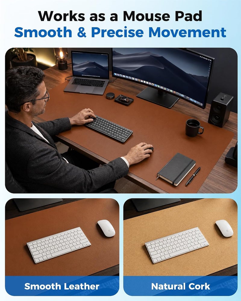 Aothia Double-Sided Desk Pad, Leather Desk Mat, Eco Cork Desk Pad Protector, Large Mouse Pad, Waterproof Desk Blotter Protector for Office/Home (25.6"x13.7", Brown) - Image 3