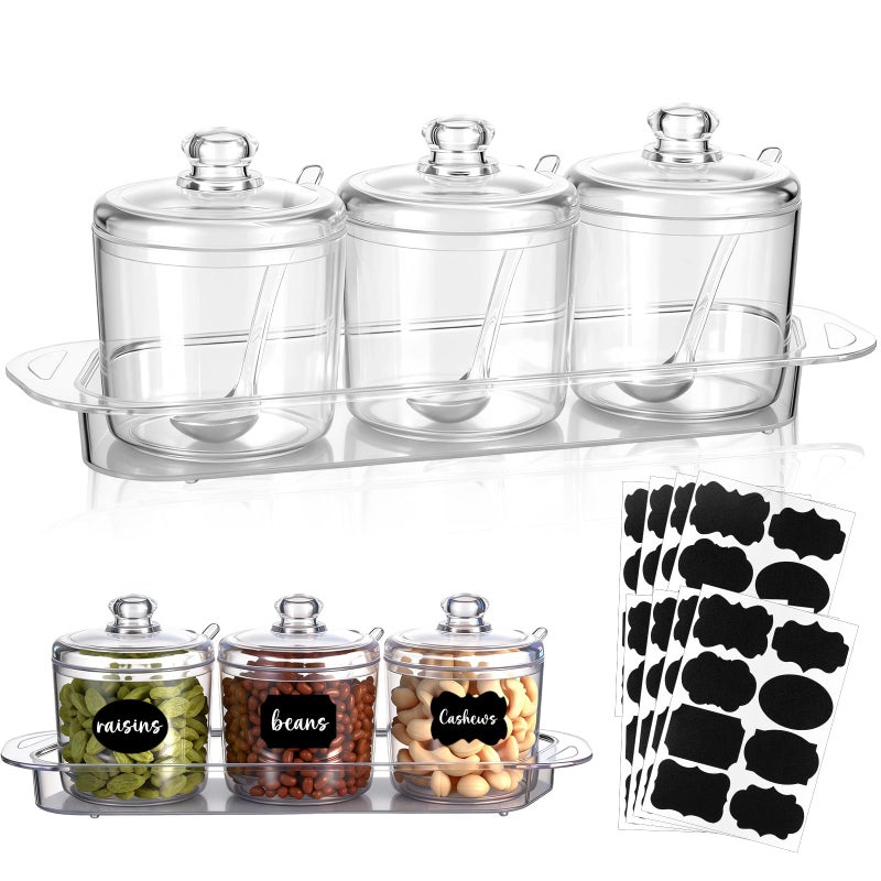 LemonRoad Set of 3 Clear Acrylic Sugar Bowl with Lid and Spoon for Coffee Bar Accessories, 7oz Tea Sugar Coffee Containers Salt Canister Spice Jars, Kitchen Seasoning Box Condiment Pots with Labels - Image 1