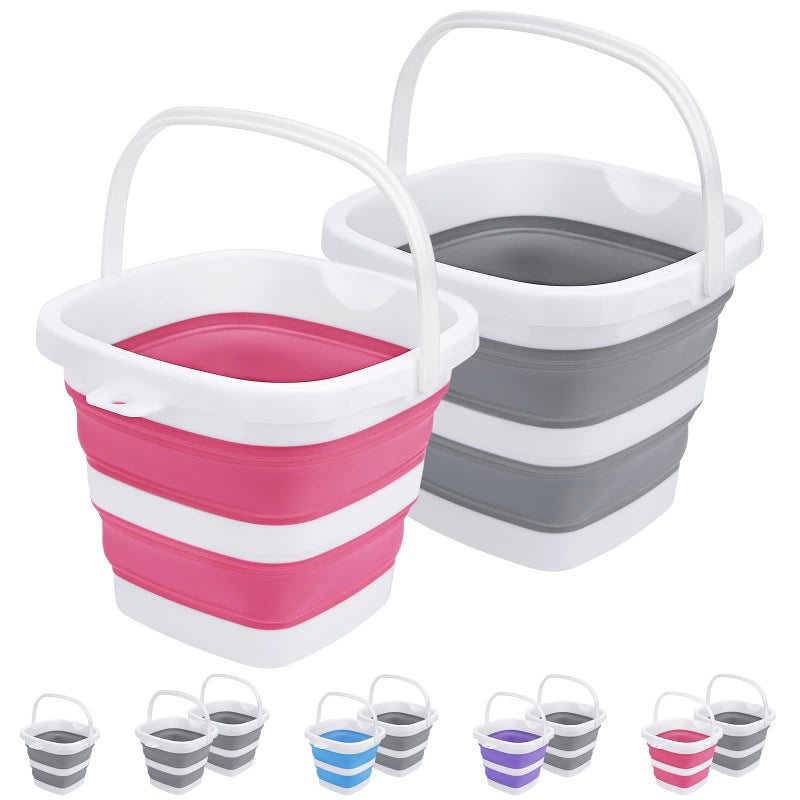 Craftend 2 Pack Collapsible Buckets 5L 1.3Gallon Small Cleaning Bucket for Household Portable Plastic Bucket Outdoor Car Washing Tub Foldable Camping Beach Sand Water Pot Pail Space Saving Square Grey and Pink - Image 1