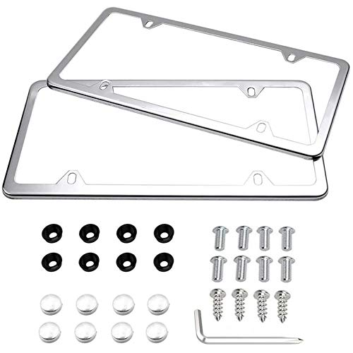 Indeed BUY License Plate Frames, Indeed BUY 2 Pcs 4 Holes Slim Stainless Steel Polish Mirror License Plate Frame and Chrome Screw Caps - Image 1