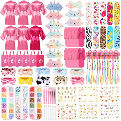 Suhine 6 Sets Girls Spa Birthady Party Supplies Birthday Print Satin Robe Tote Bags Spa Kit Nail Salon KitPink Series - Image 1