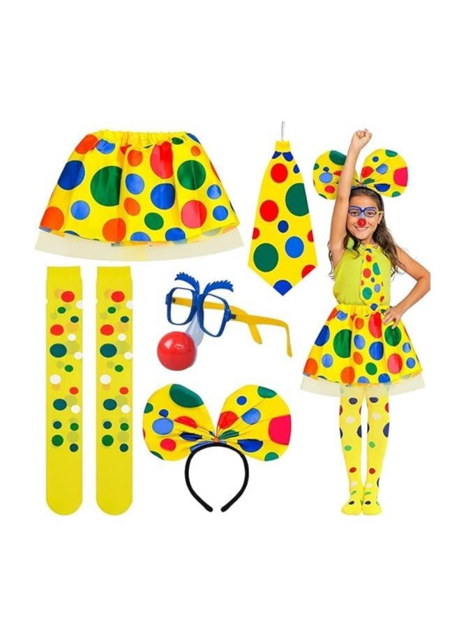 CMGTYYD Clown Costume Kit, 5 Pieces Clown Rainbow Headband, Tutu Skirt, Clown Tie and Clown Glasses, Rainbow Polka Dot Knee Thigh High Stocking for Clown Parties Pretend Play Cosplay Party  - Image 1