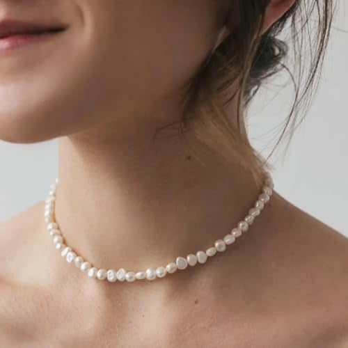 PEARLADA 6-6.5mm White Freshwater Pearl Choker Necklace, Boho Baroque Pearl Beaded Necklace, Beach Jewelry for Women - Image 2