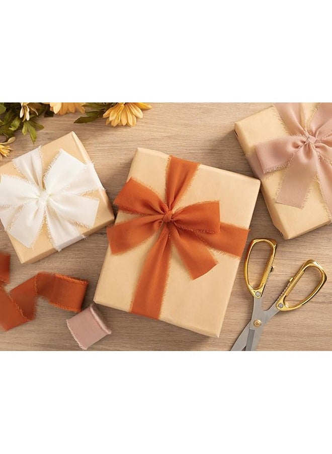 Zeemey 3 Rolls Handmade Fringe Chiffon Silk Ribbon 1 12 Inch x 7Yd Terracotta & Cream Ribbons Set for Wedding Invitations Bridal Bouquets Gift Wrapping Holiday Decor Burnt Orange Fall(4cm*5m)  - Image 4