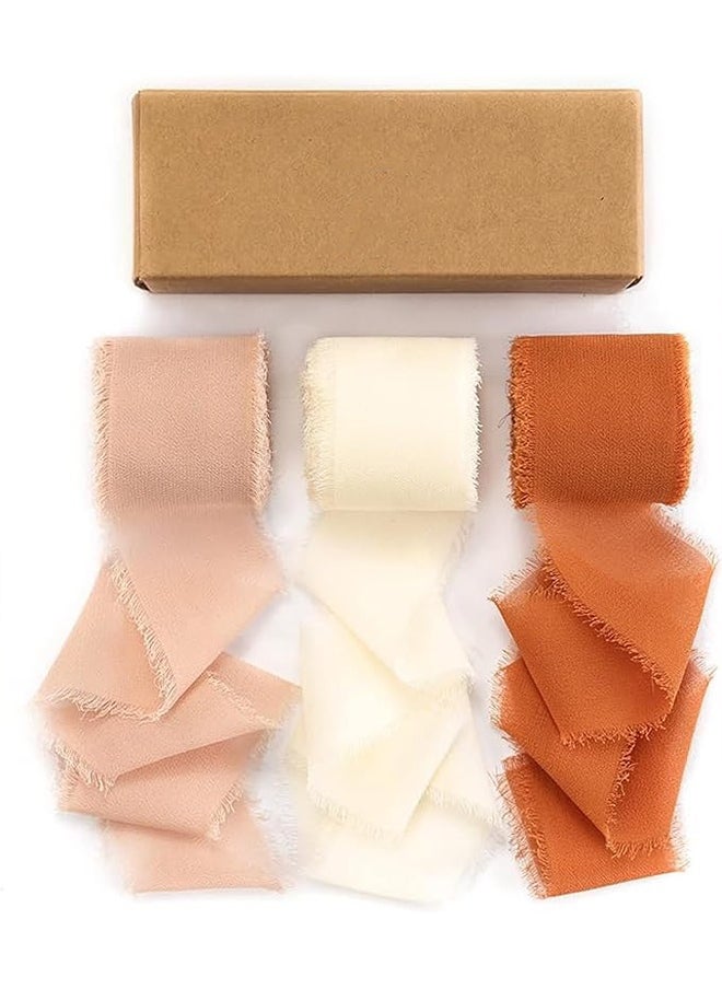 Zeemey 3 Rolls Handmade Fringe Chiffon Silk Ribbon 1 12 Inch x 7Yd Terracotta & Cream Ribbons Set for Wedding Invitations Bridal Bouquets Gift Wrapping Holiday Decor Burnt Orange Fall(4cm*5m)  - Image 1