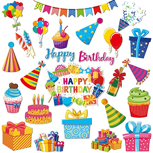 Fabbay 25 Pcs Happy Birthday Cruise Door Magnets Decorations Reflective Colorful Magnetic Stickers Car Magnets Decorations Banner Cake Box Balloon for Cruise Door Birthday Party Metal Surface Decor