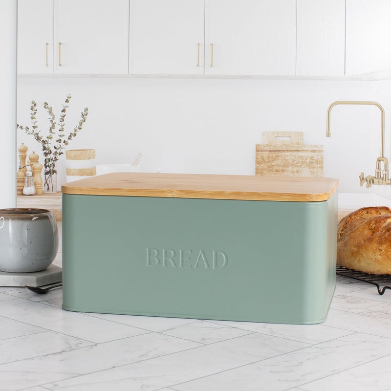 ZICOTO Beautiful Bread Box With Wooden Lid For Your Kitchen Countertop - Spacious Container Perfectly Stores Your Homemade Bread, English Muffins & Bagels - Quality Cutting Board Lid Keeps Bread Fresh - Image 1