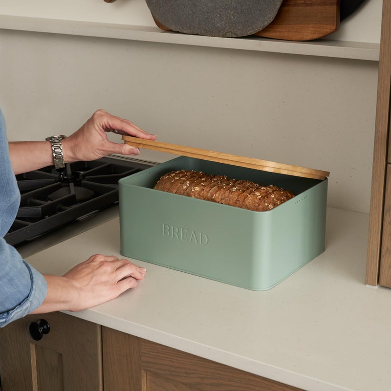 ZICOTO Beautiful Bread Box With Wooden Lid For Your Kitchen Countertop - Spacious Container Perfectly Stores Your Homemade Bread, English Muffins & Bagels - Quality Cutting Board Lid Keeps Bread Fresh - Image 2