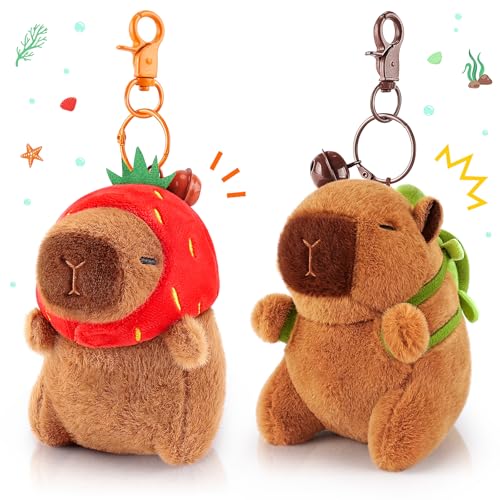 Achwishap 2PCS Capybara Plush KeychainCute Keychain Capybara Stuffed AnimalSoft Capybara Plush Toys Key ChainKawaii Plushie Stuffed Toys for Kids Adults Birthday GiftsTurtleStrawberry Hat - Image 1